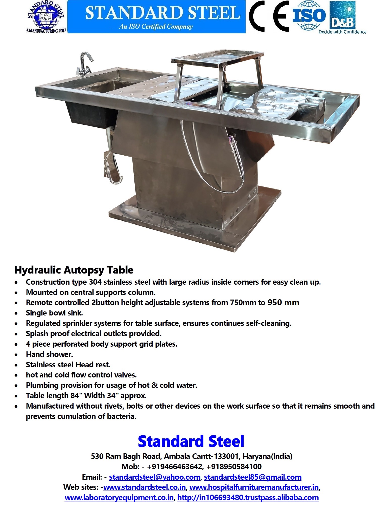 Electro Hydraulic Autopsy Table - Stainless Steel 84" Length X 34" Width | Height Adjustable 750mm To 950mm Remote Controlled Self-cleaning Sprinkler System Splash Proof Outlets