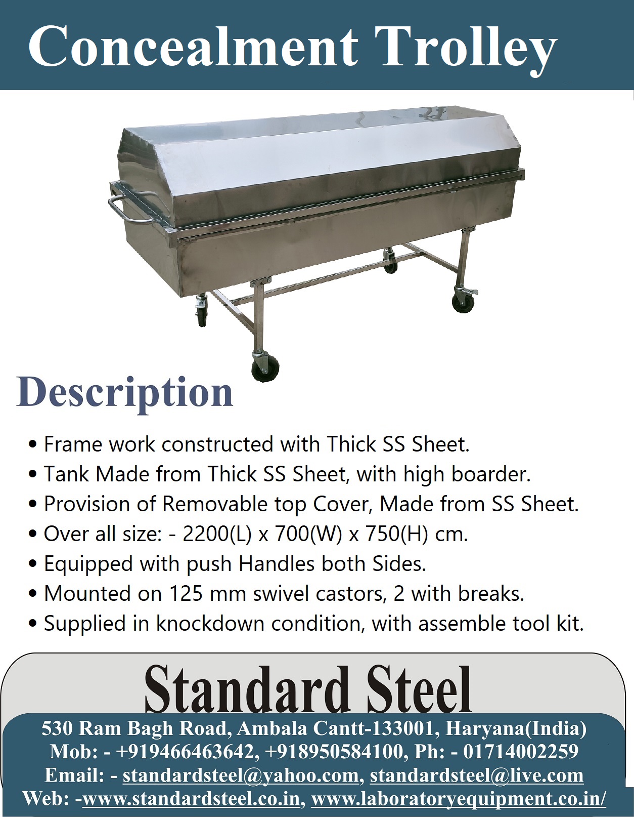 Dead Body Transfer Cadaver Trolley - Stainless Steel, 210(l) X 600(w) X 850(h) Cm, Suitable For Mortuary Room Use