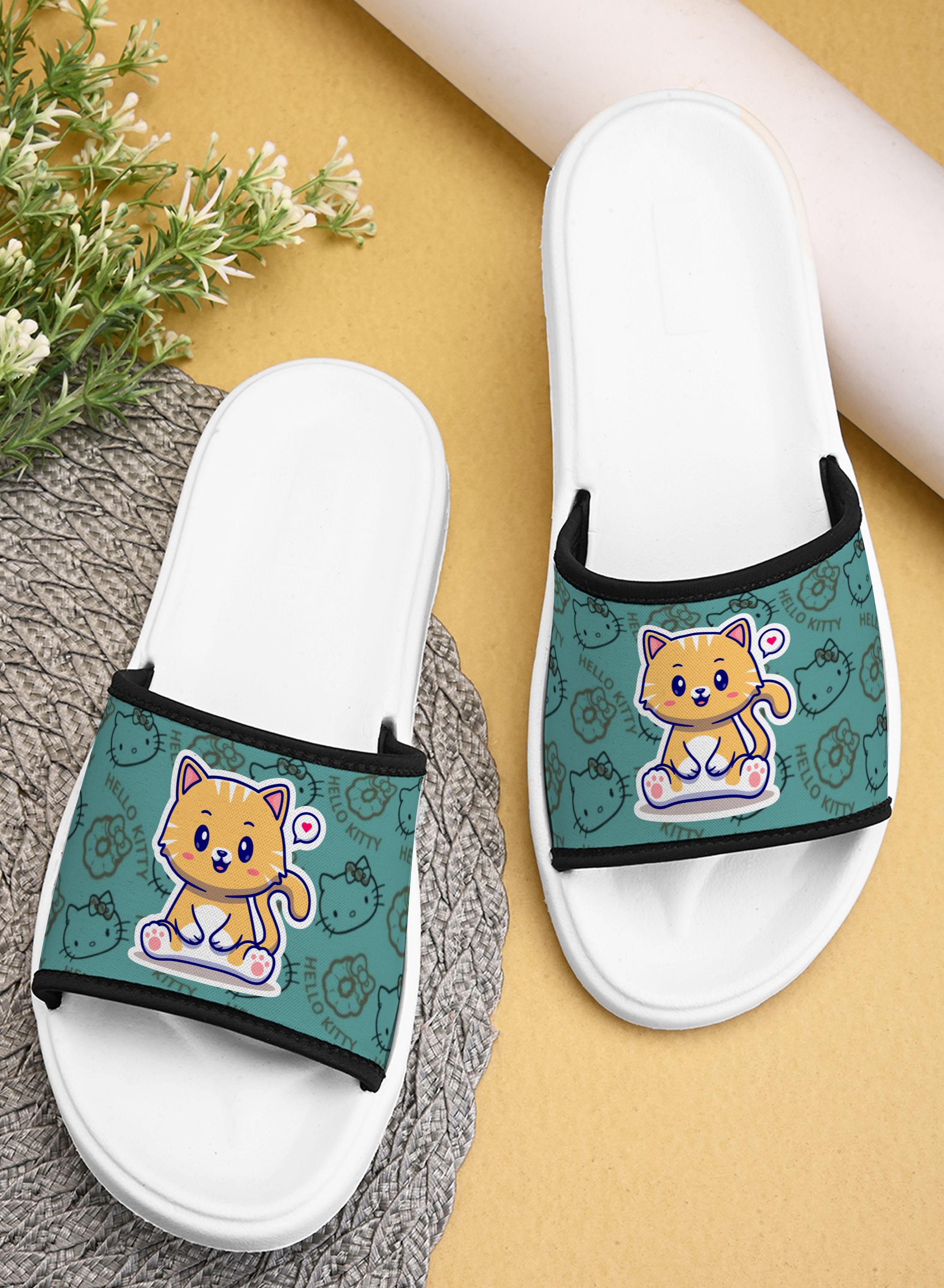 Cute Kitty Printed Women Slippers Stylish & Trendy Flat Girls Footwear with Lightweight, Anti-skid & Durable Extra Soft Ladies Chappal