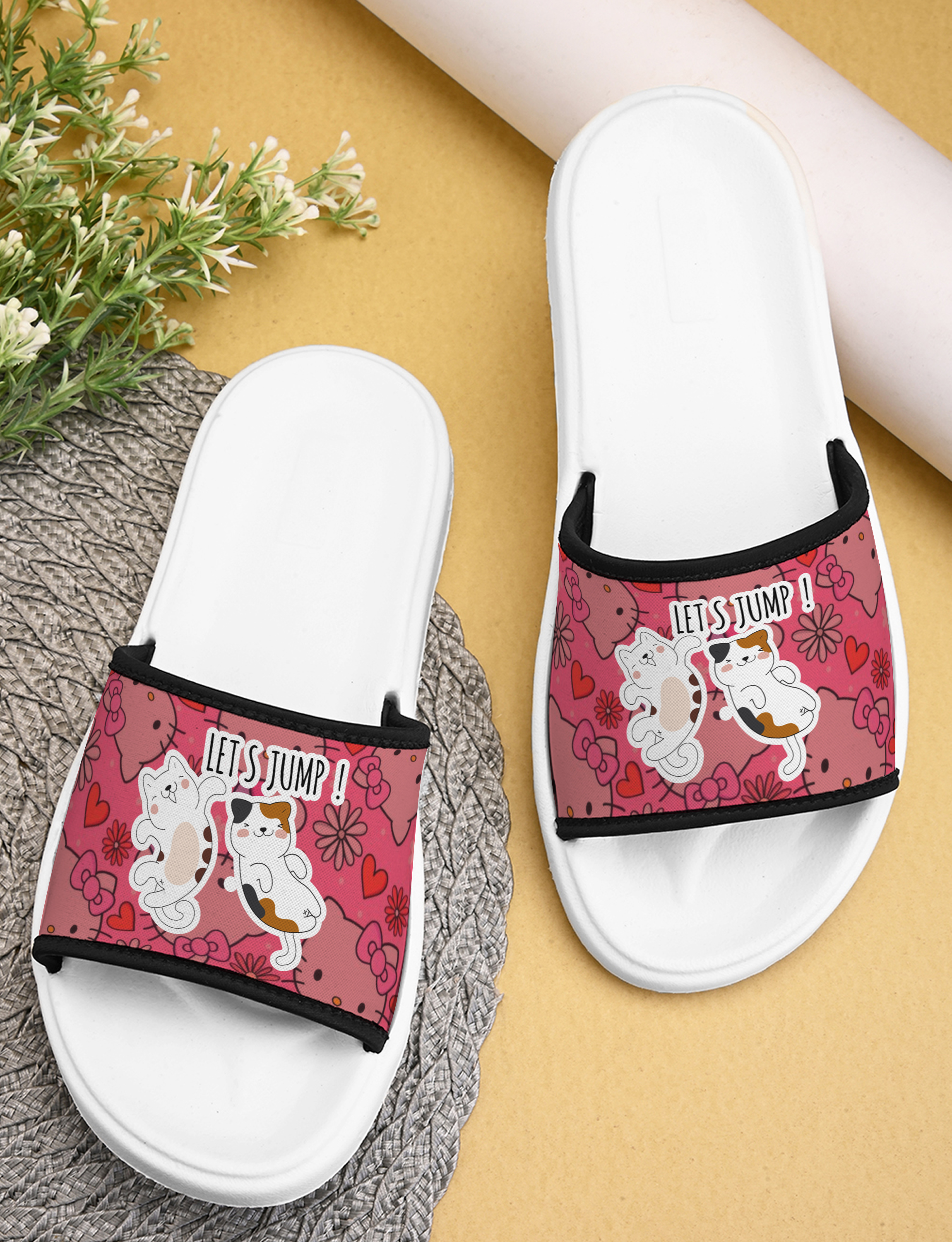 Cute Kitty Printed Women Slippers Stylish & Trendy Flat Girls Footwear With Lightweight, Anti-skid & Durable Extra Soft Ladies Chappal - Color: White Pink