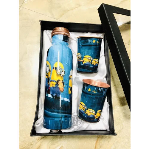 Blue Printed Copper Bottle Set - Color: Multicolor