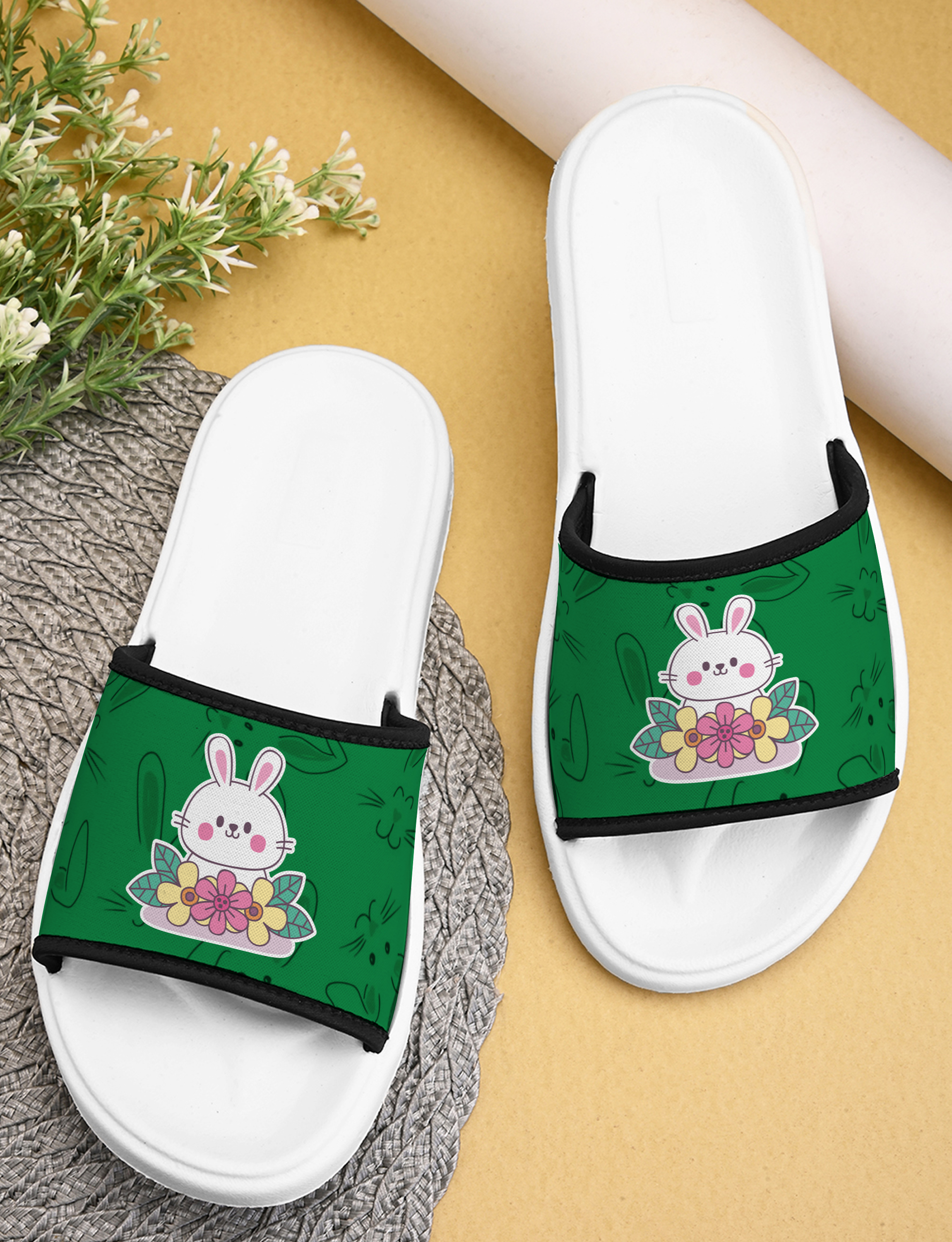 Cute Bunny Designer Women Slippers Indoor & Outdoor Printed Flip Flop With Anti-Skid, Lightweight, Durable, Flexible, Stylish & Trendy Flat Girls Chappal - Color: Different Available