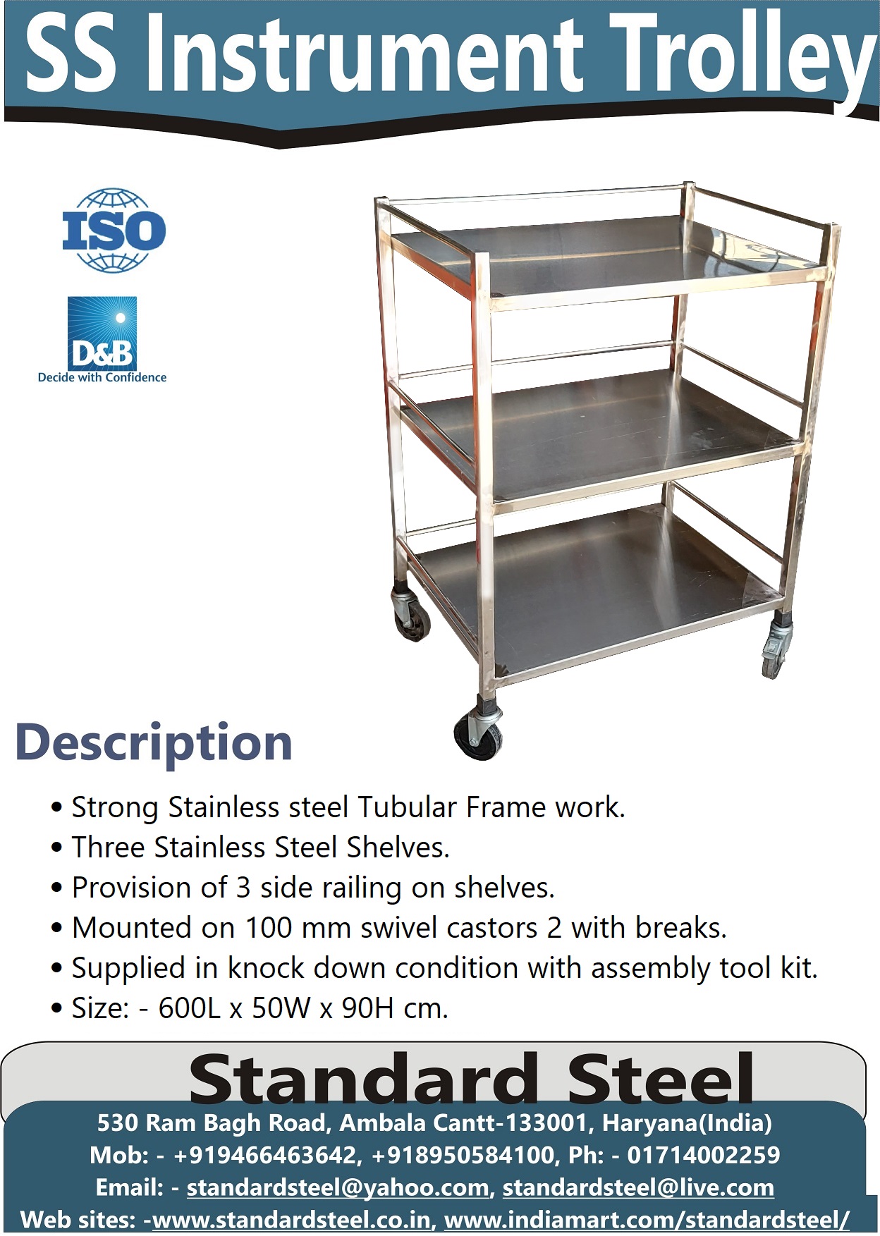 Surgical instrument Trolley 3 shelf