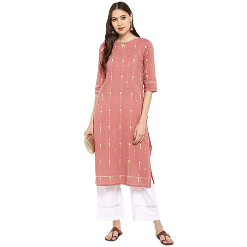 Ladies Formal Wear Kurti Pant Set - Color: Dark Peach And White