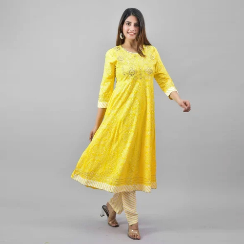 Ladies Yellow Printed A Line Suit Set - Color: Pink And White