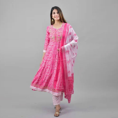 Ladies Pink Cotton A Line Suit Set - Feature: High Quality