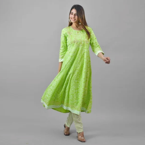 Ladies Lime Green Cotton A Line Suit Set - Feature: Washable