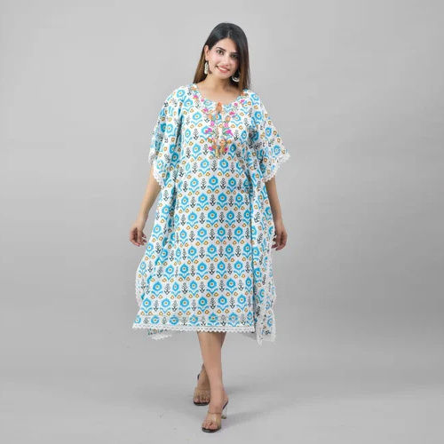 Ladies Cotton Printed Party Kaftan - Color: Sky Blue(Base)