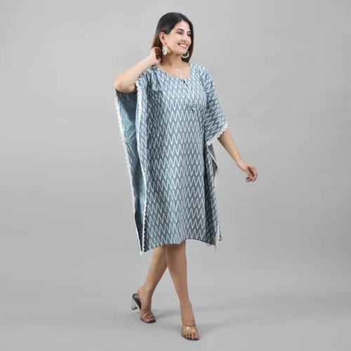 Ladies Printed Round Neck Kaftan - Cotton, Medium Size, Grey Base With Printed Pattern | 3/4 Sleeve, Casual Wear For All Seasons, Washable
