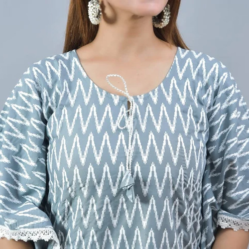 Ladies Printed Round Neck Kaftan - Cotton, Medium Size, Grey Base With Printed Pattern | 3/4 Sleeve, Casual Wear For All Seasons, Washable