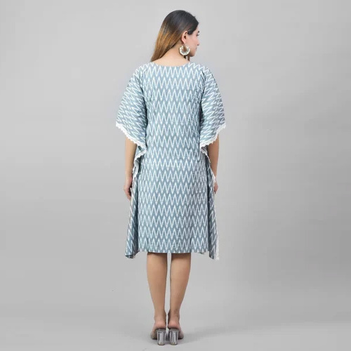 Ladies Printed Round Neck Kaftan - Cotton, Medium Size, Grey Base With Printed Pattern | 3/4 Sleeve, Casual Wear For All Seasons, Washable