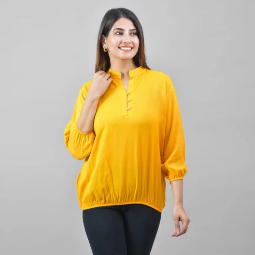 Ladies Plain Yellow Rayon Top - Feature: Handwash