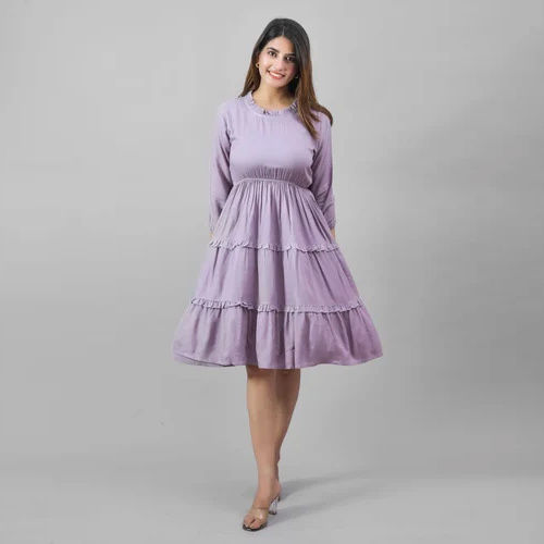 Ladies Plain Knee Length One Piece Dress - Color: Lavender