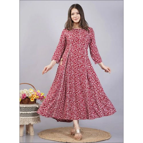 Ladies Cotton Printed Anarkali Kurti - Color: Maroon(Base)