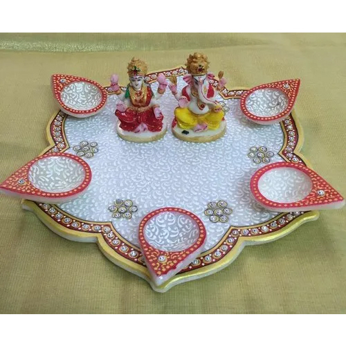 6 Inch Marble Pooja Thali - Color: Golden