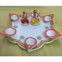 6 Inch Marble Pooja Thali - Marble Material, 6 Inches Size, Golden Color | Eco-Friendly, Easy to Clean, Modern Art Style for Hinduism Themes
