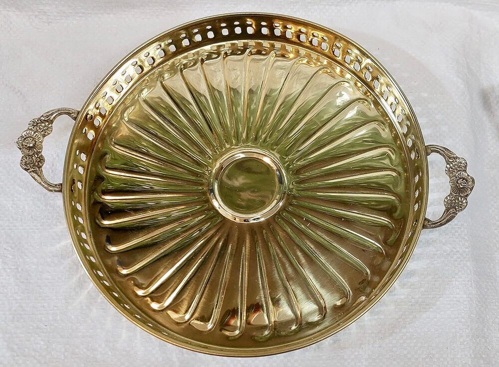 Handmade Brass Metal Platter Serving Plate Tray with Brass Handle