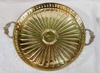Handmade Brass Metal Platter Serving Plate Tray With Brass Handle - Color: Golden