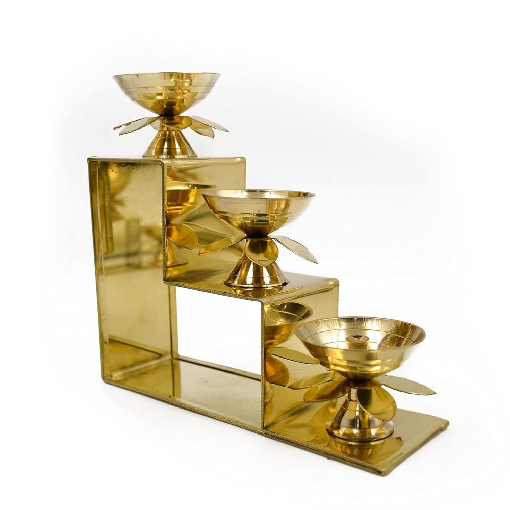 Brass Lotus Diya Oil Puja Lamp Piller Stand 3 Step Diya