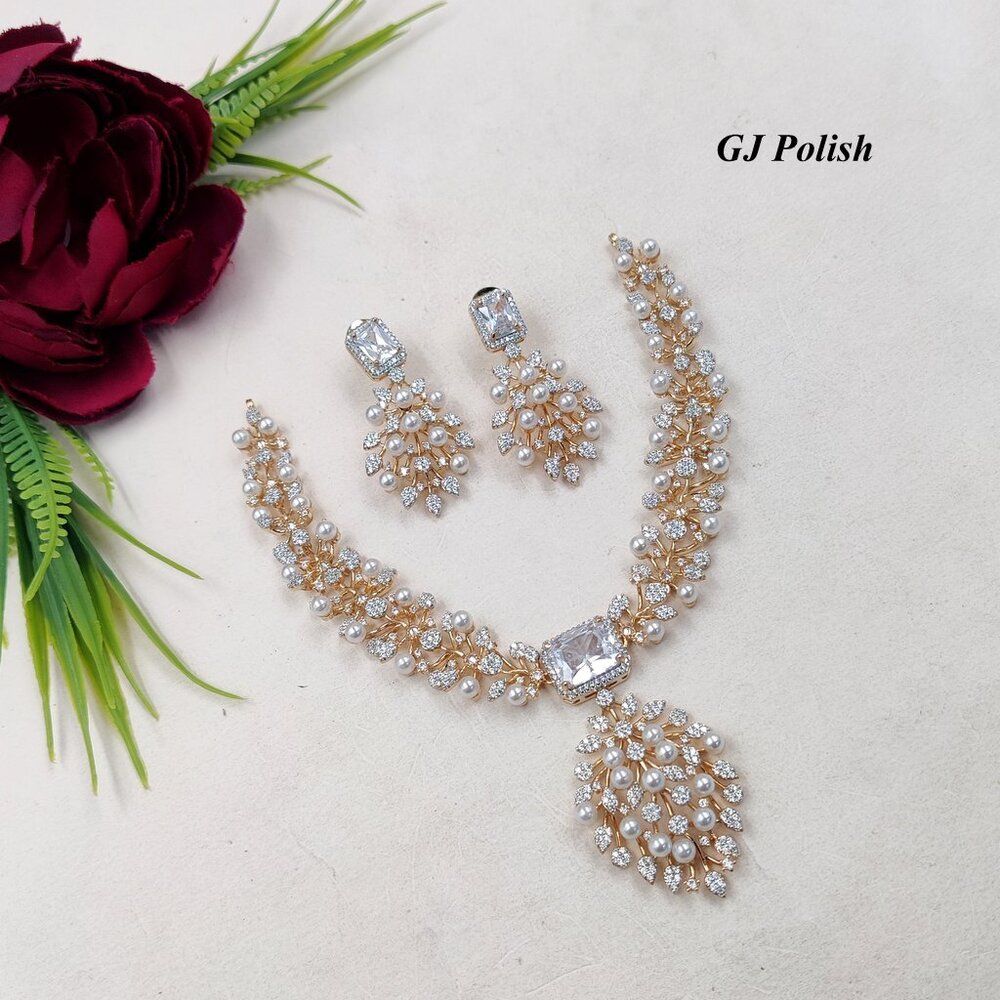 Shimmering Glassstone  AD Necklace Set With Beaded Pearl