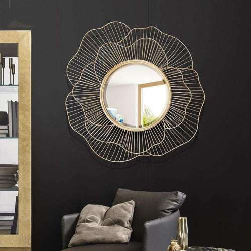 Floral Metal Wall Mirror - Color: Golden