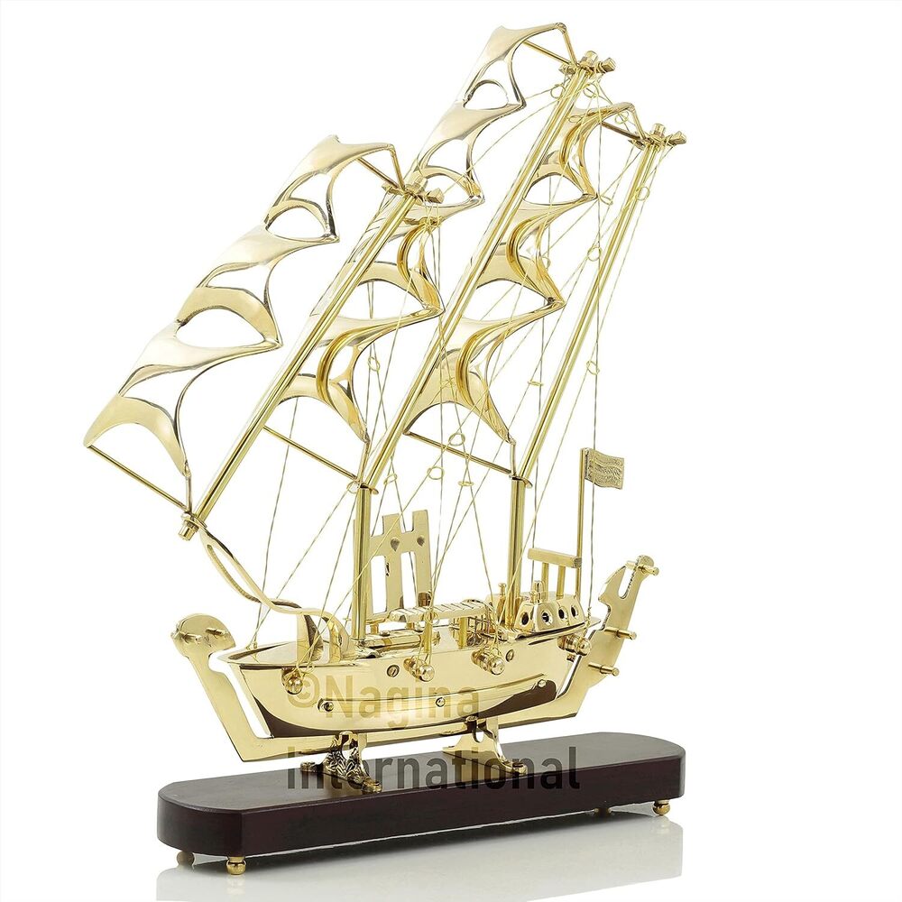 Brass Table Decor Showpiece Ship With Wooden Base