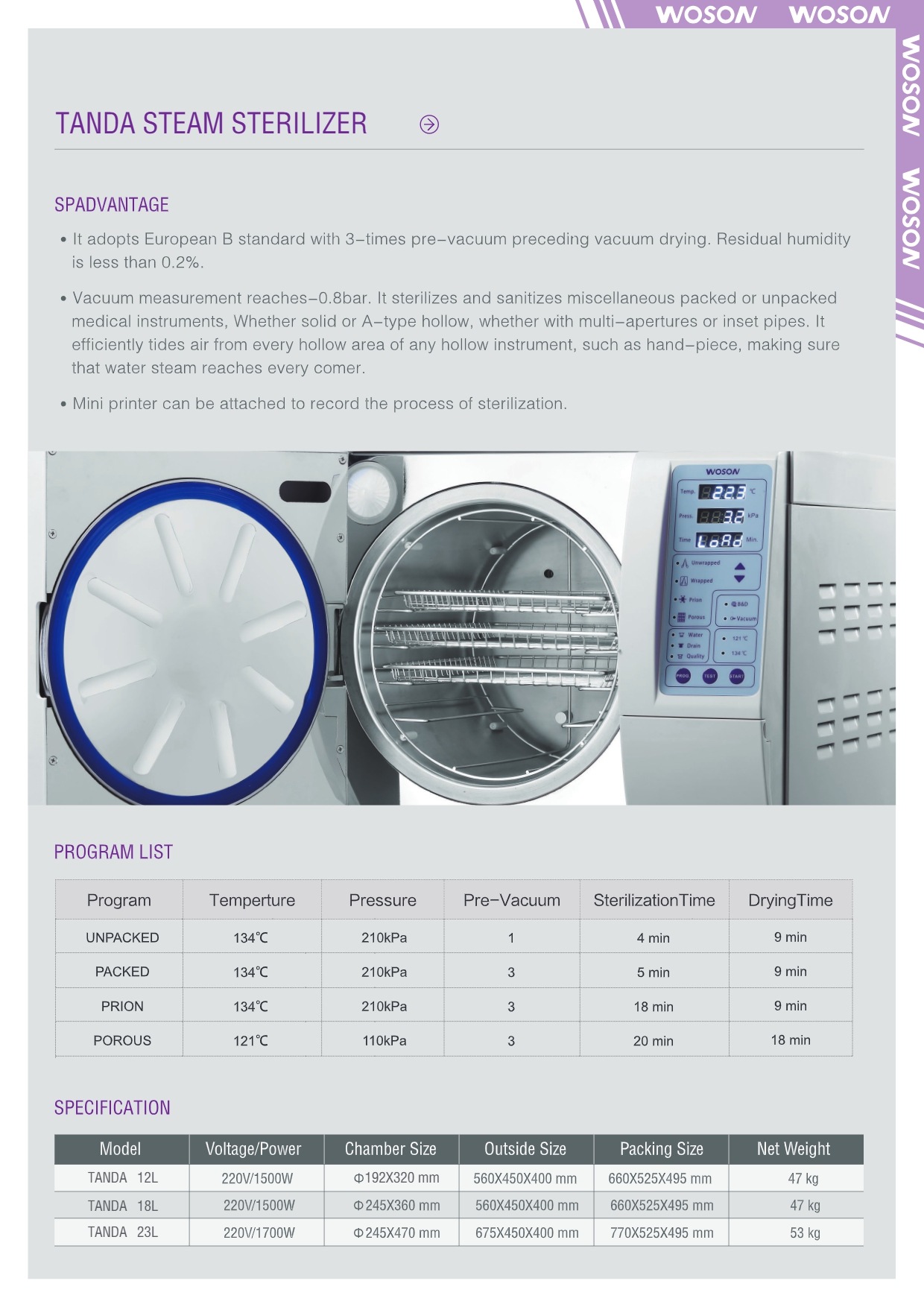 Woson Class B Autoclave Tanda