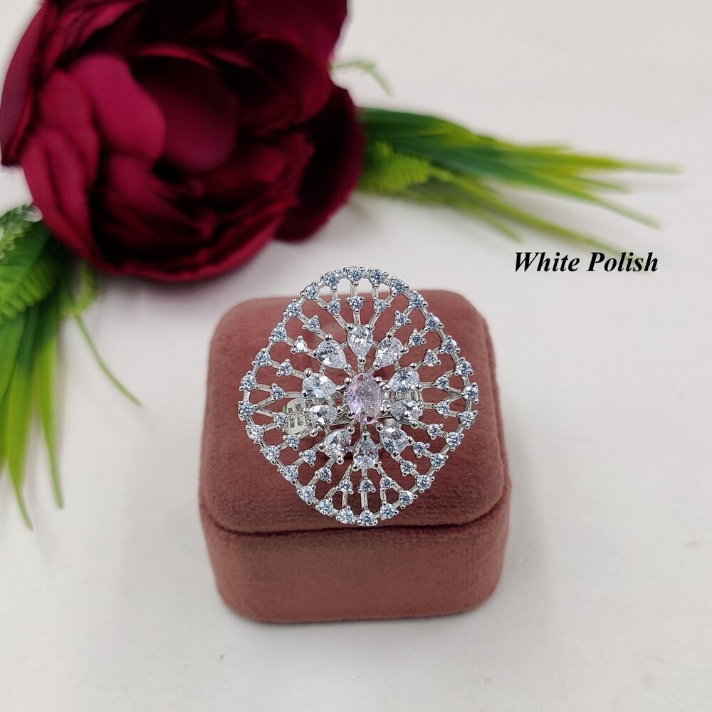 American Diamond Classy Ring - Copper Alloy With Zircon Stones | Perfect For Weddings, Anniversaries, Parties - Elegant White Polish Design For Women