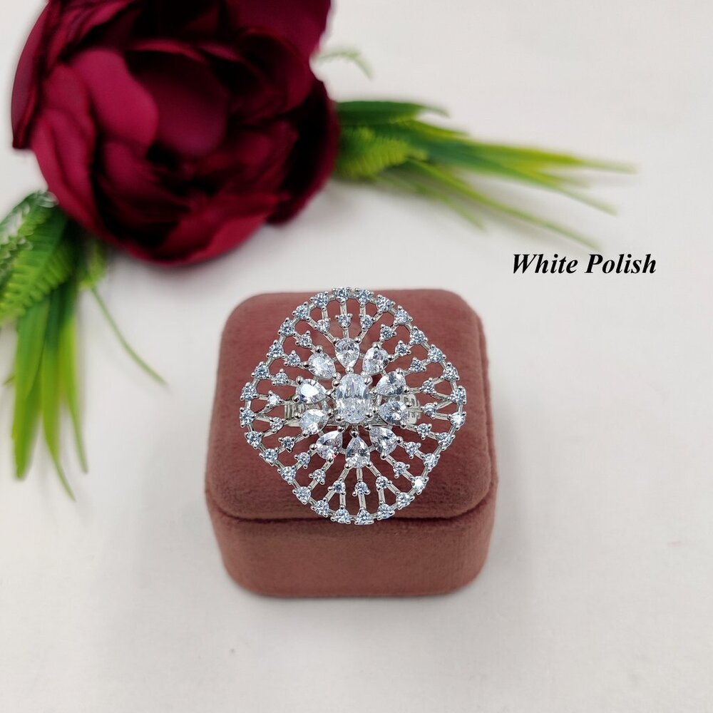 American Diamond Classy Ring - Copper Alloy With Zircon Stones | Perfect For Weddings, Anniversaries, Parties - Elegant White Polish Design For Women