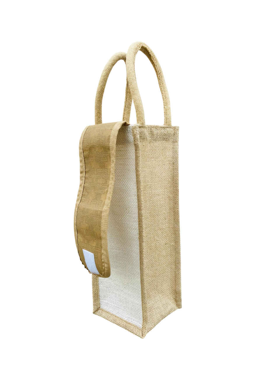Jute Bottle Bag - Natural & White, 14x5x5 Inches | Handcrafted Design, Customizable Size, Pattern & Logo For Work & Travel