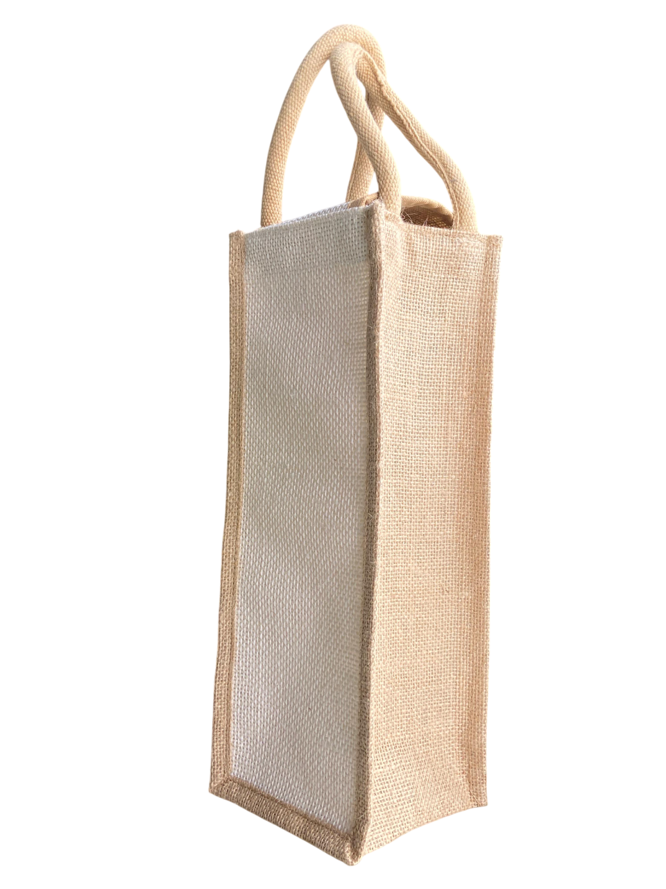 Jute Bottle Bag - Natural & White, 14x5x5 Inches | Handcrafted Design, Customizable Size, Pattern & Logo For Work & Travel