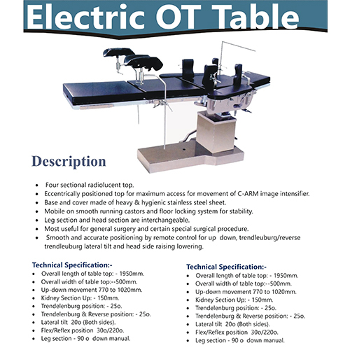 Electric C Arm Ot Table - Stainless Steel, 1950mm Length X 500mm Width, Remote Control Positioning With Trendelenburg & Lateral Tilt Features