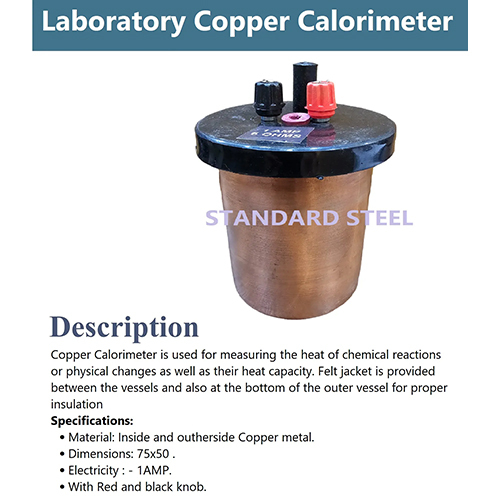 Copper Calorimeter - Copper Material, Dimensions: 75x50, 220v, 1amp | Insulated Felt Jacket, Laboratory Application, 1-year Warranty