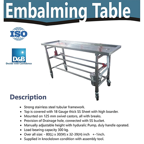 Stainless Steel Embalming Table - Size: 84x30x36 Inch