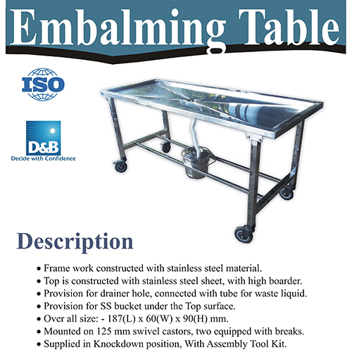 Stainless Steel Embalming Table - Size: 84x30x36 Inch