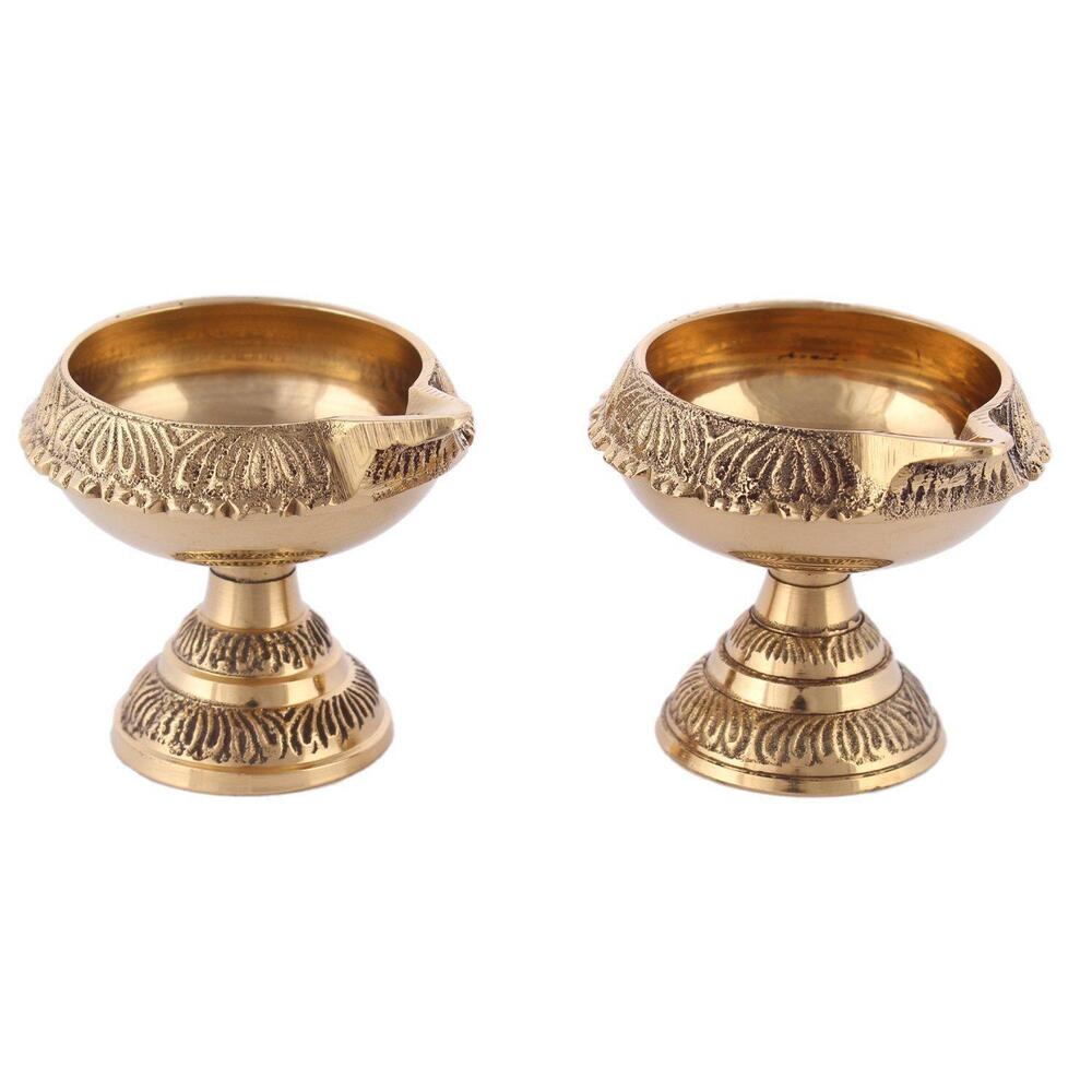 Pure Brass Handcrafted Diwali Kuber Diya On Stand Diya Oil Lamp For Puja Home Decor Pack of 4