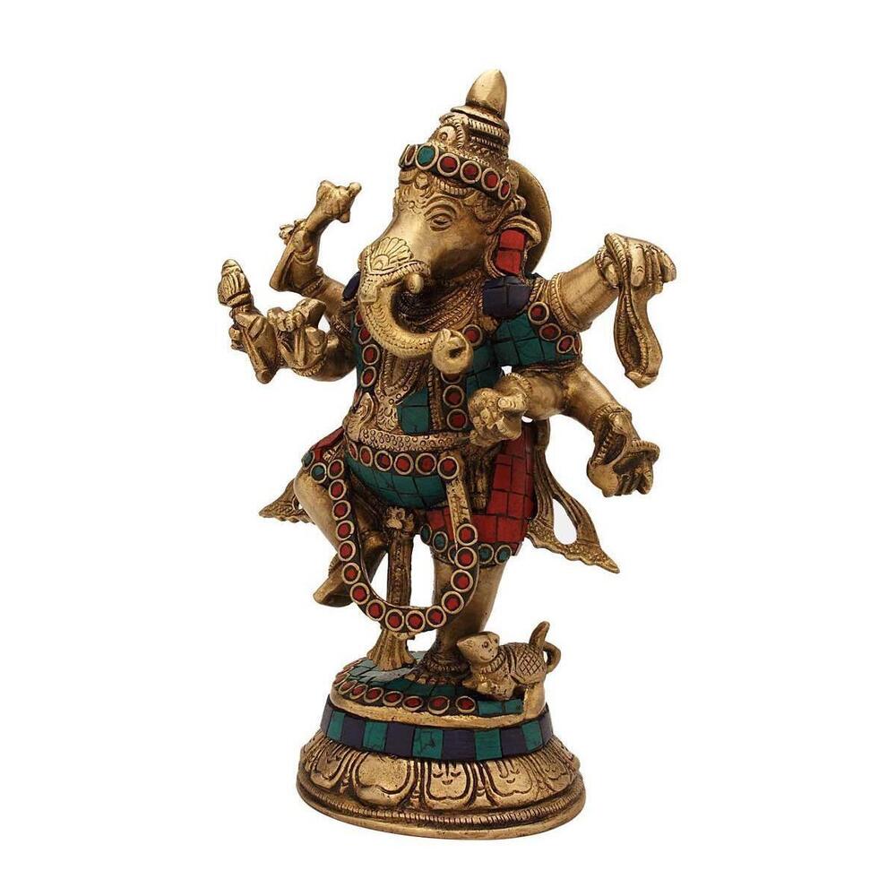 Dancing Lord Ganesha Idol In Turquoise Coral Work - Color: Multi Color