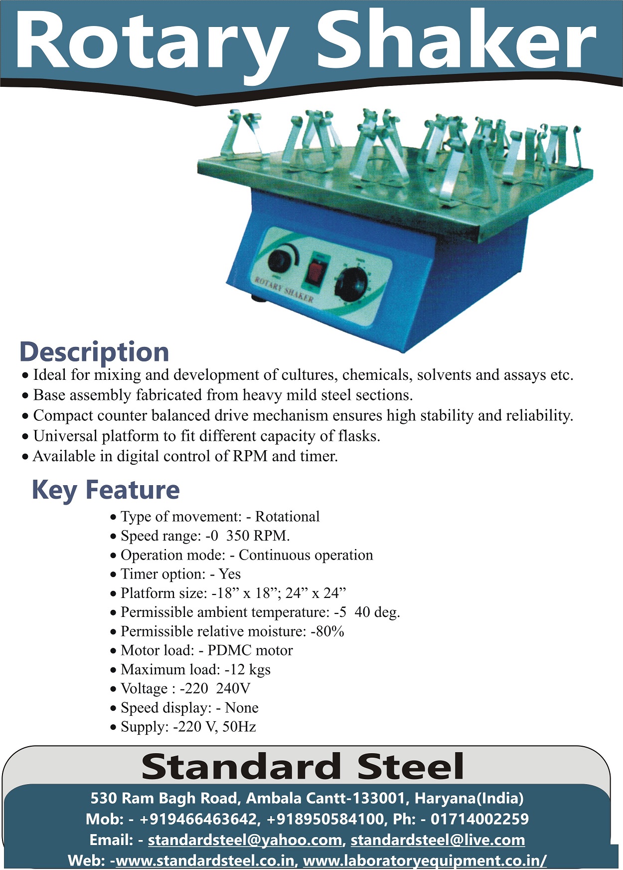 Laboratory Rotary Flask Shaker - Material: Mild Steel