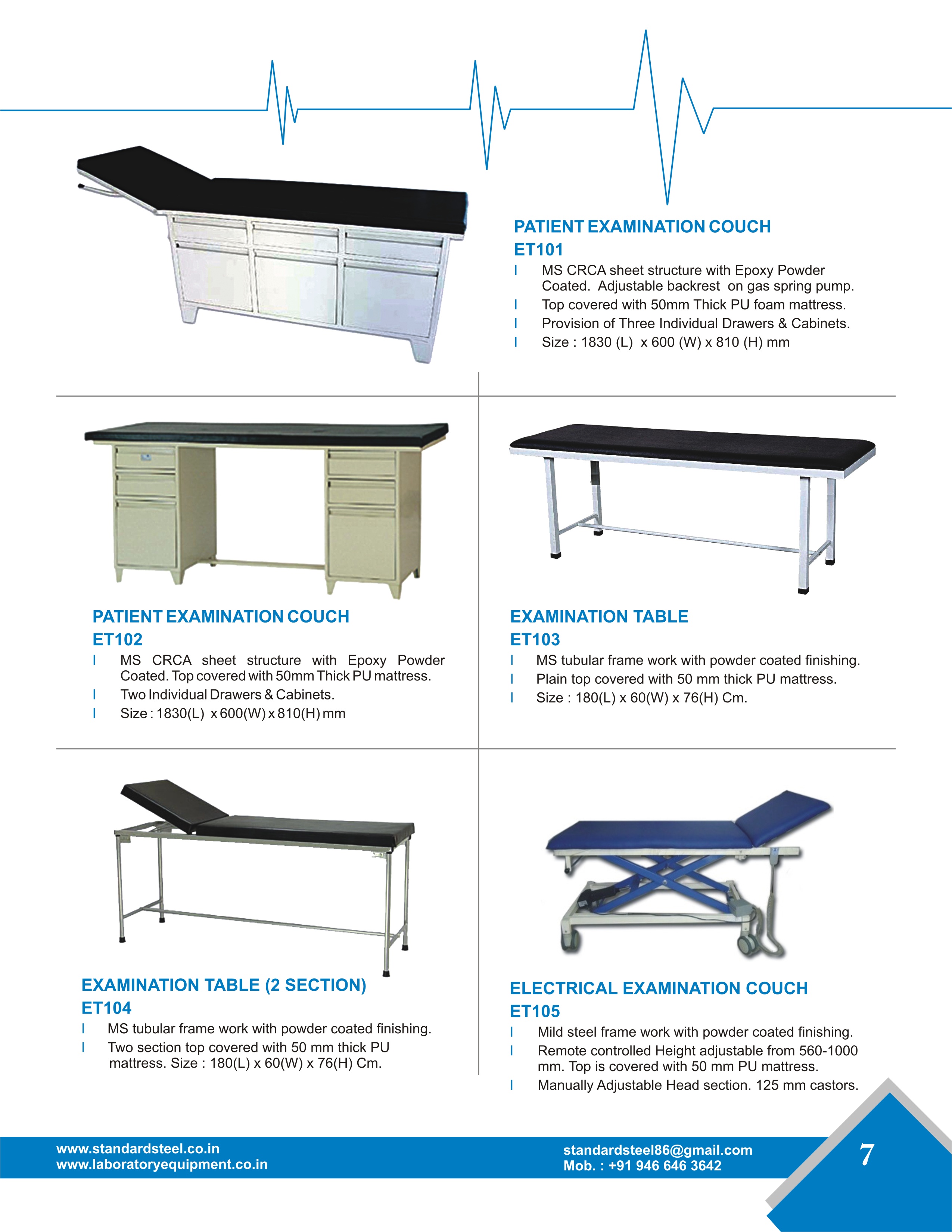 Hospital Patient Examination Table with adjustable Backrest