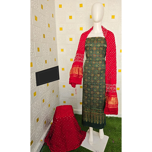Silk Ajrakh Hand Block With Bandhej 3 Pcs Suit