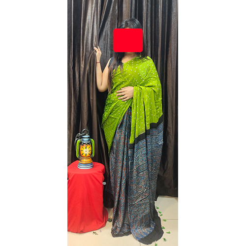 Double Shade Pure Modal Silk Ajrakh With Bandhni