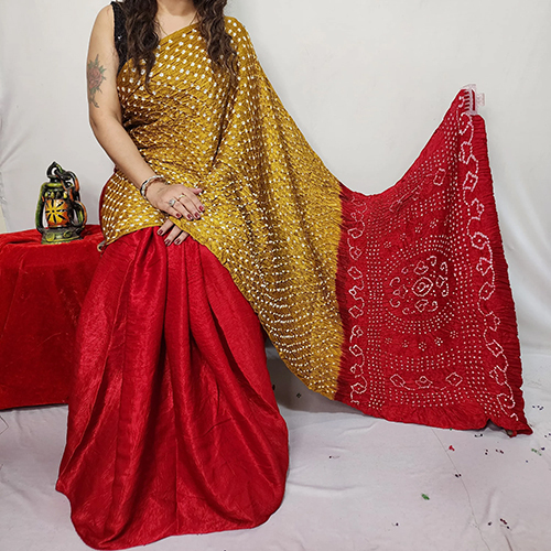 Golden And Red Color Pure Modal Silk Bandhni Work Saree