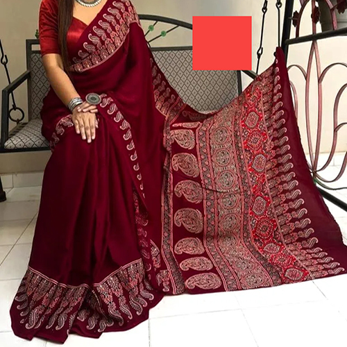 Pure Silk Ajrakh Hand Block Saree