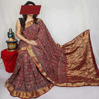 Pure Dola Silk Ajrakh Saree - Silk Material, Hand Embroidered, Available In Different Colors | Suitable For Summer & Winter, Washable Design