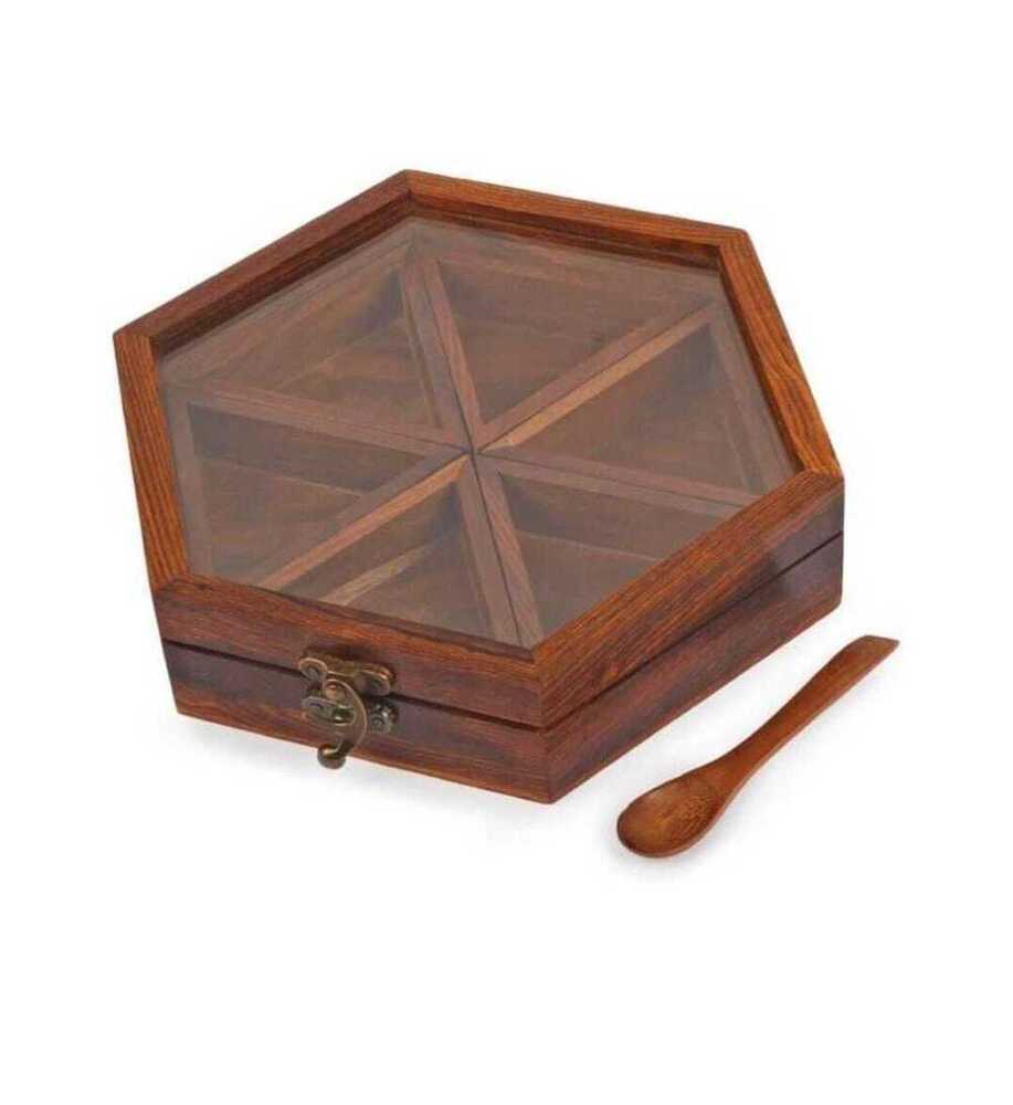 Wooden Spice Gift Box - 250 Gms Capacity, 6 Compartments, Square Design, Natural Brown Finish | Customizable Wooden Tray For Dried Fruits & Nuts