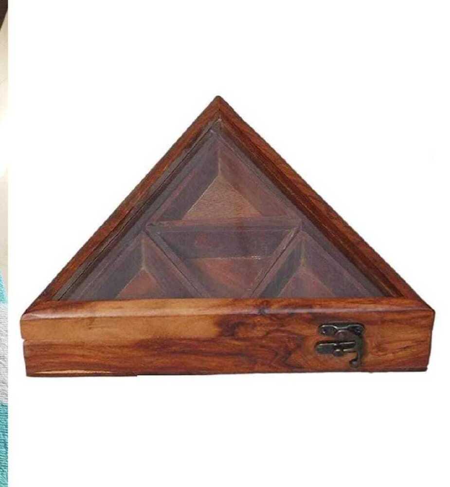 Wooden Spice Gift Box - 250 Gms Capacity, 6 Compartments, Square Design, Natural Brown Finish | Customizable Wooden Tray For Dried Fruits & Nuts