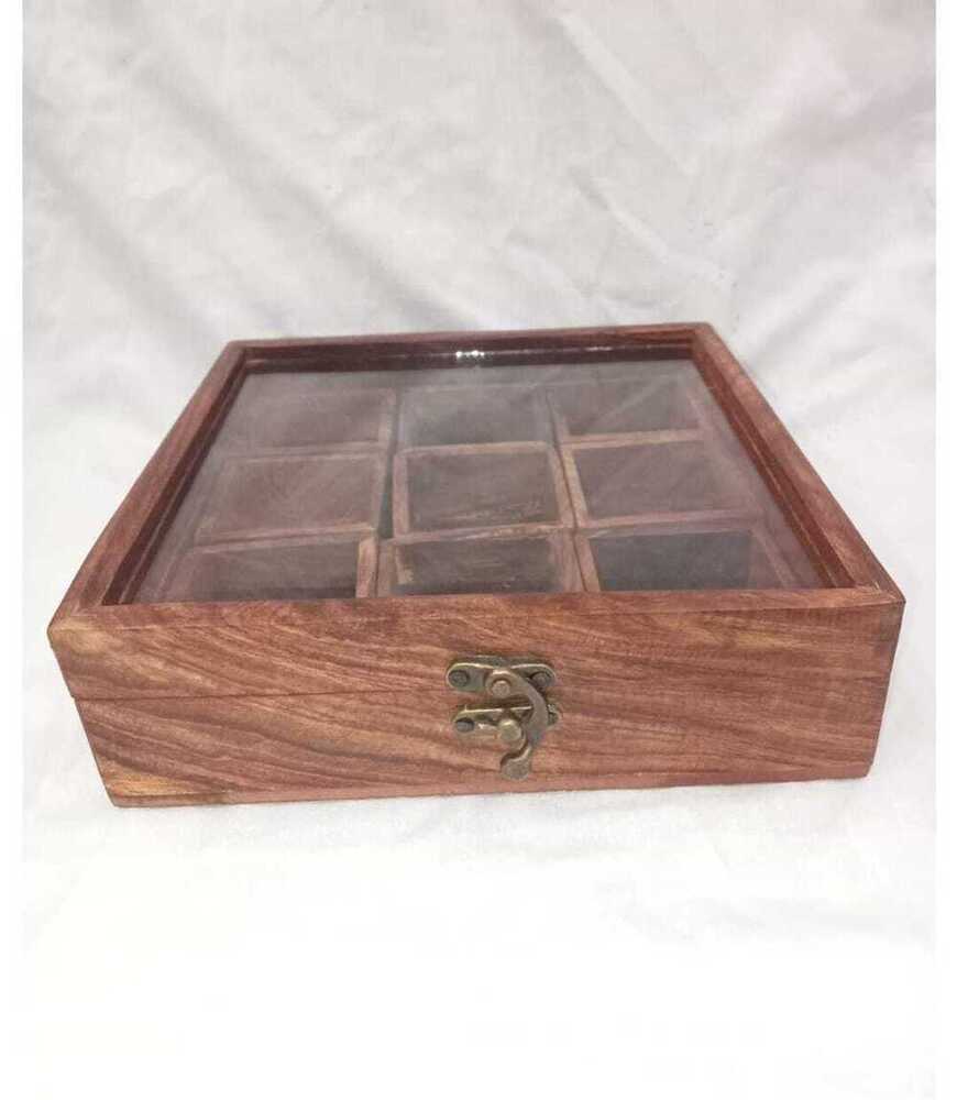 Wooden Spice Gift Box - 250 Gms Capacity, 6 Compartments, Square Design, Natural Brown Finish | Customizable Wooden Tray For Dried Fruits & Nuts