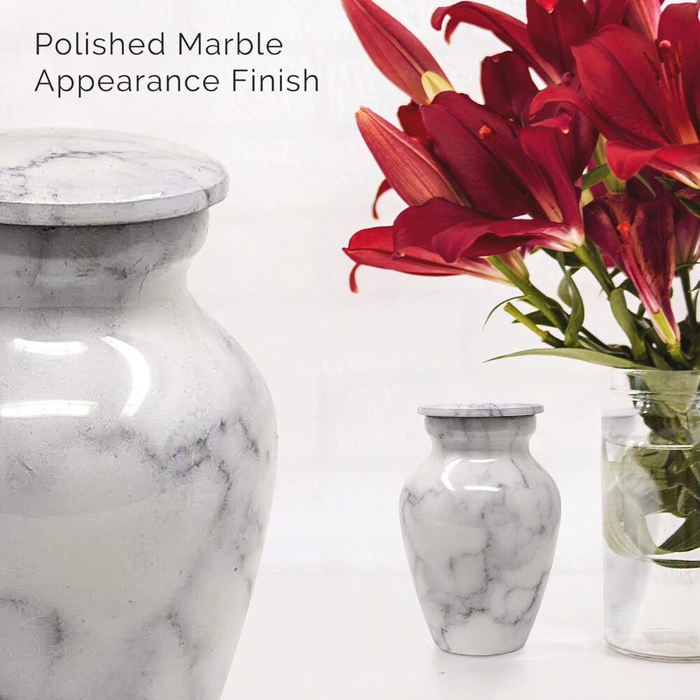 White Marble Finish Metal keepsake Small Cremation Urn for Ashes