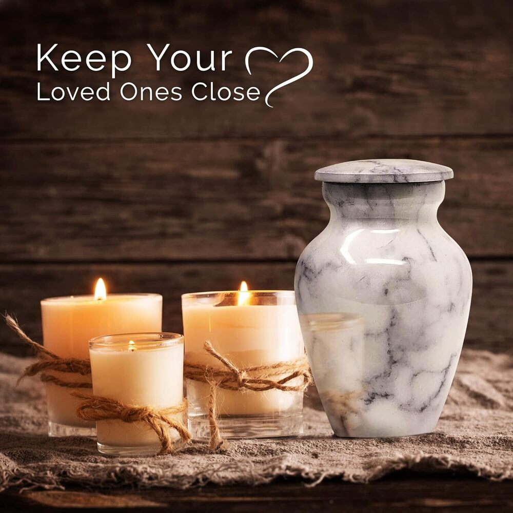 White Marble Finish Metal keepsake Small Cremation Urn for Ashes