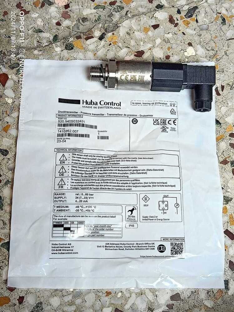 Huba Switzerland Pressure Transmitter Part No 520.940s032401 Range 0-60 Bar - Stainless Steel 1/4 Npt Connection, 24v Supply, Ip67 Rating, Quick Cable Mounting